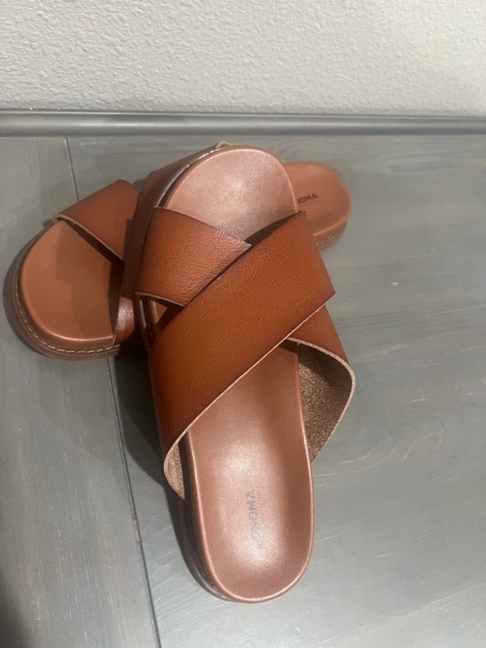 Sonoma Cognac Leather-Look Crisscross Slide Sandals - Picture 6 of 8